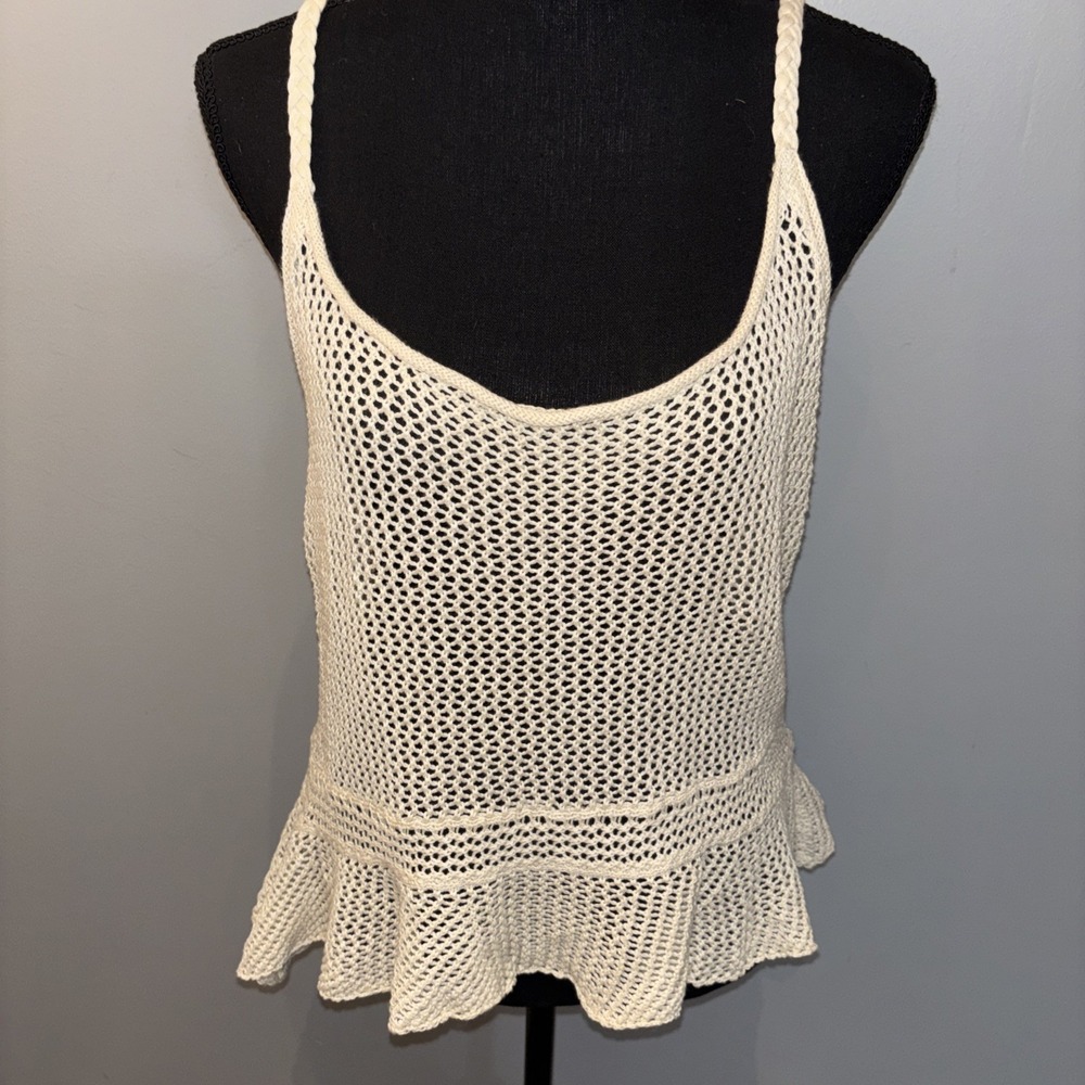 Abercrombie & Fitch Women's Beige Open Knit Halter Top Ruffle Boho Festival